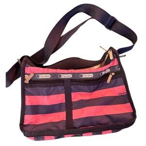 LeSportsac‎ Crossbody Bag Striped Pink Navy Blue Nylon Travel Shoulder Purse